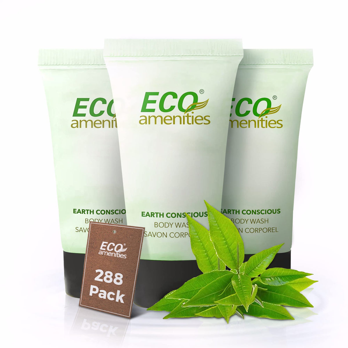 ECO Amenities travel-size body wash bottle with green tea scent for hotel guests.