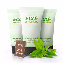 ECO Amenities travel-size body wash bottle with green tea scent for hotel guests.