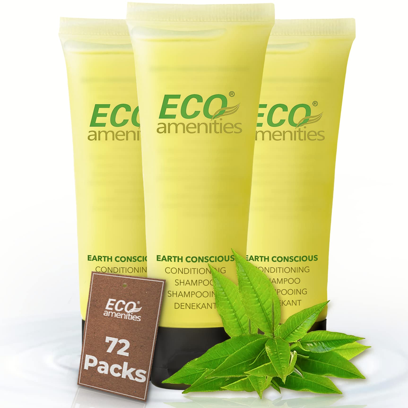ECO Amenities travel-size shampoo and conditioner set with green tea scent, ideal for bulk hotel rooms