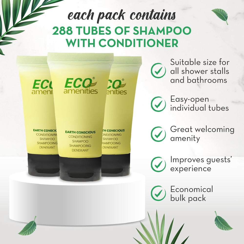 Eco Amenities travel-size shampoo tubes, ideal for guest rooms and vacations.