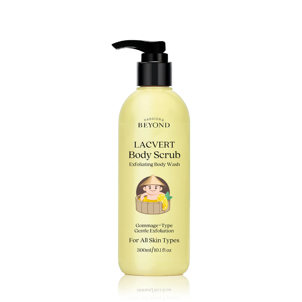 BEYOND Lacvert lemon scrub bottle shows a refreshing exfoliation for home spa use.