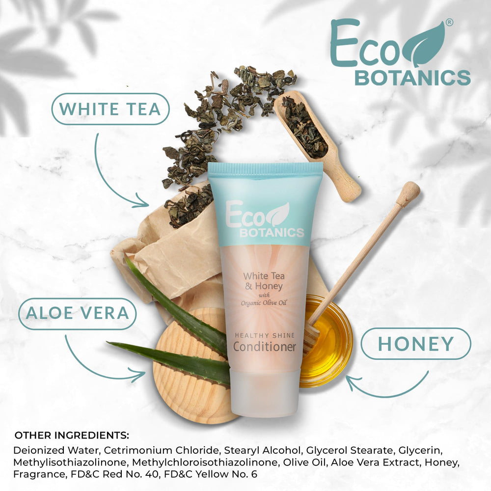 Hotel bathroom display with Eco Botanics conditioner for a clean, polished guest experience.