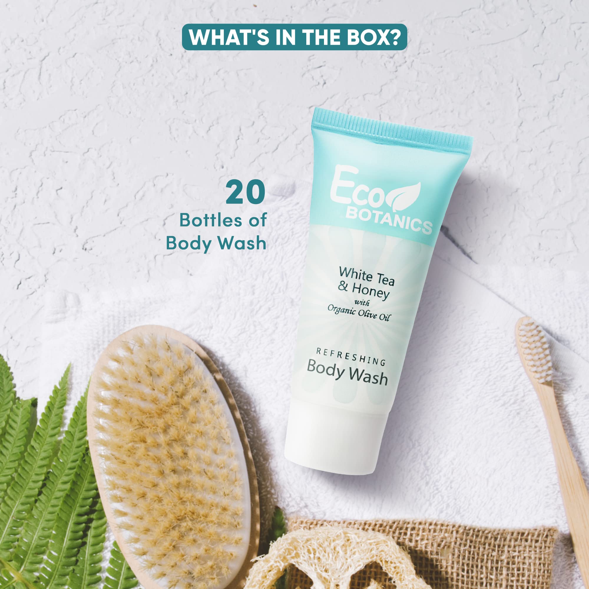 Eco Botanics travel-size body wash on bathroom shelf conveys premium guest amenities
