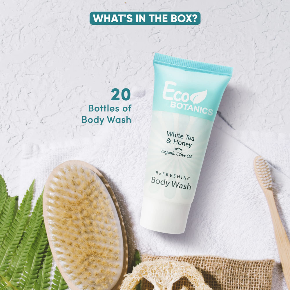 Eco Botanics travel-size body wash on bathroom shelf conveys premium guest amenities