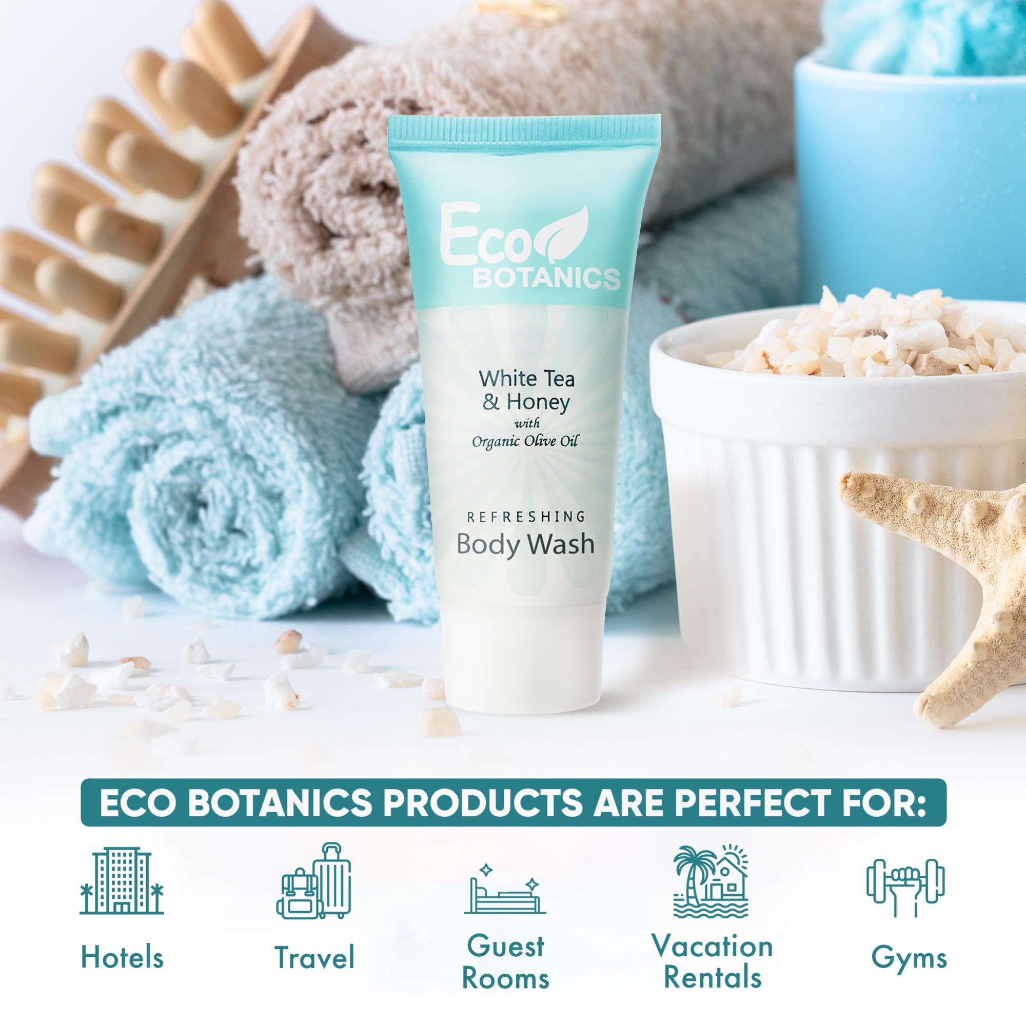 Eco Botanics travel-size body wash case display for convenient hotel amenity packaging