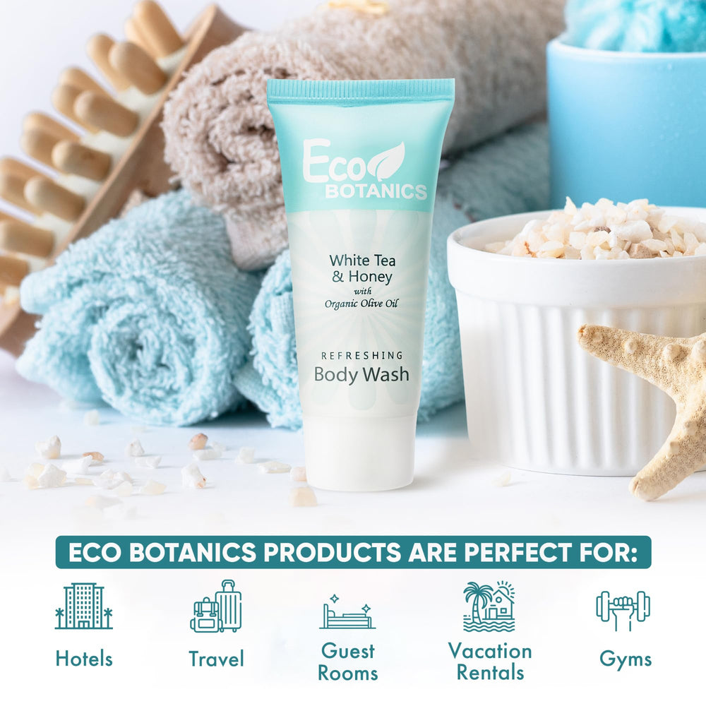 Eco Botanics travel-size body wash case display for convenient hotel amenity packaging