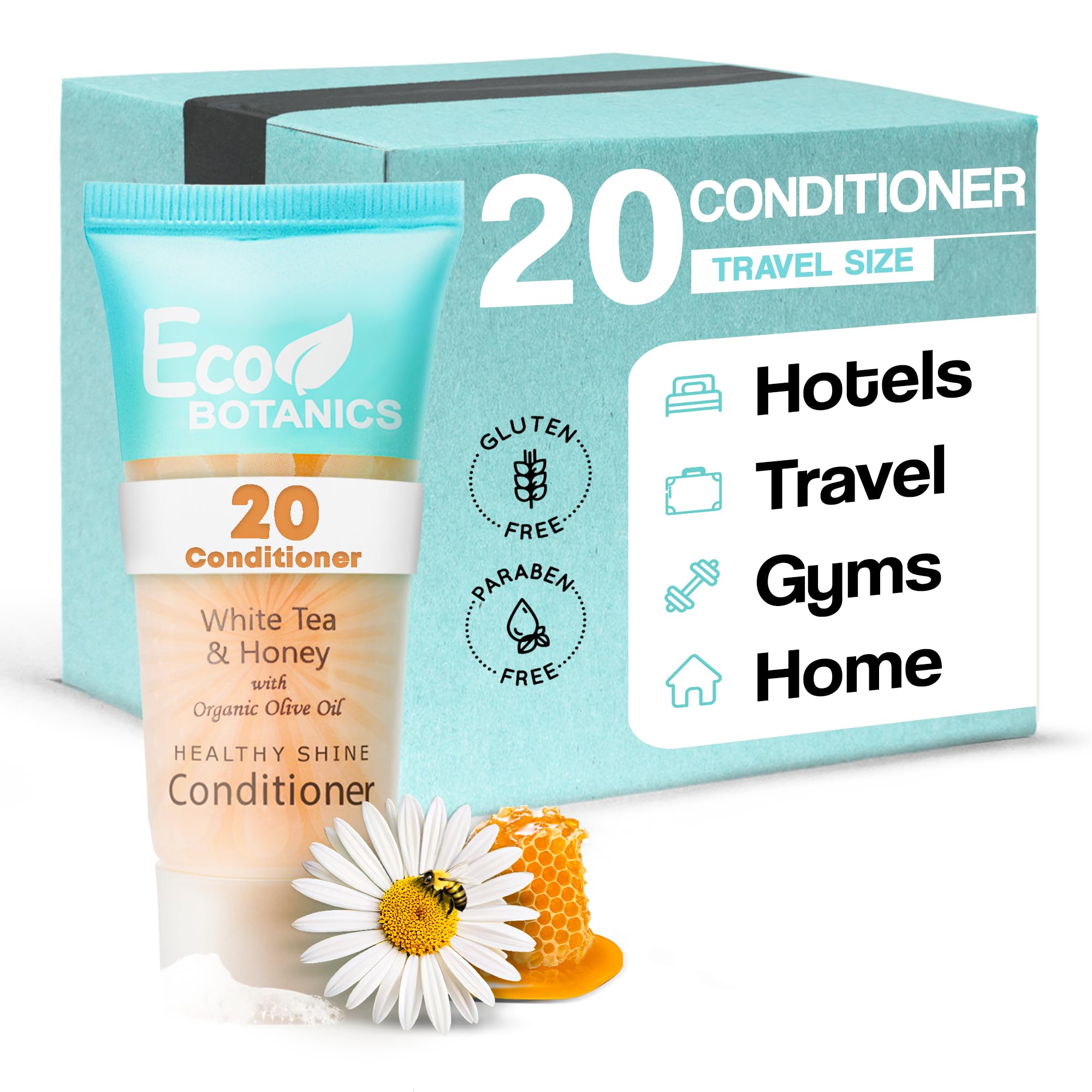Eco Botanics travel-size conditioner 20-count case on shelf for quick restocks.