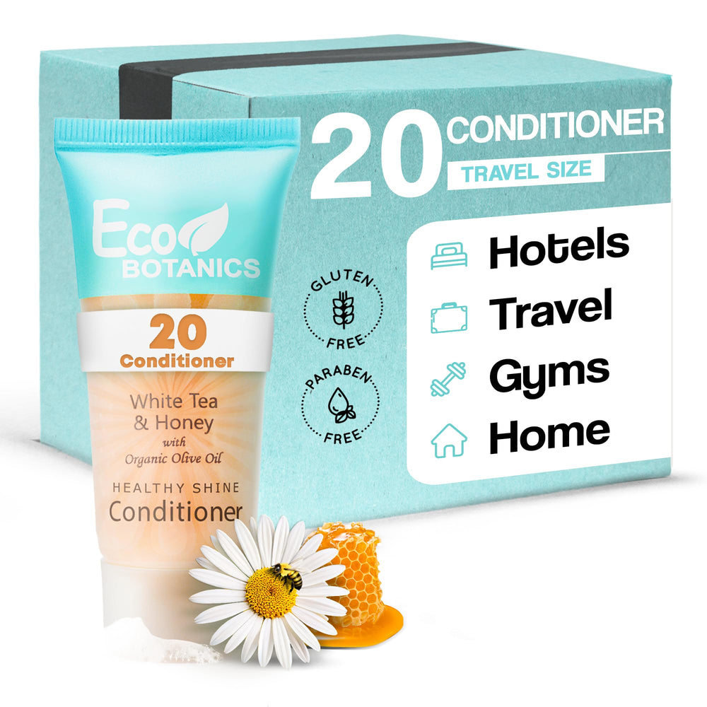 Eco Botanics travel-size conditioner 20-count case on shelf for quick restocks.