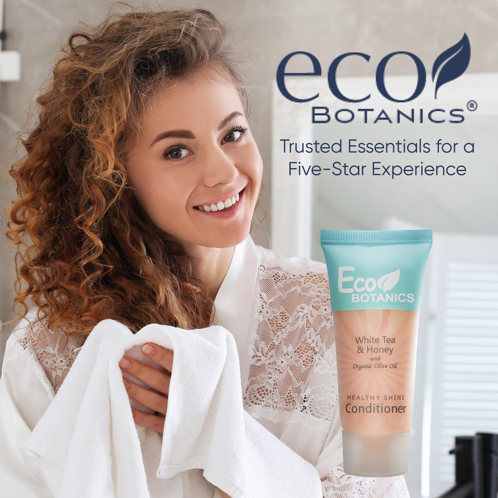 Guest welcome kit featuring Eco Botanics conditioner for easy in-room amenities.