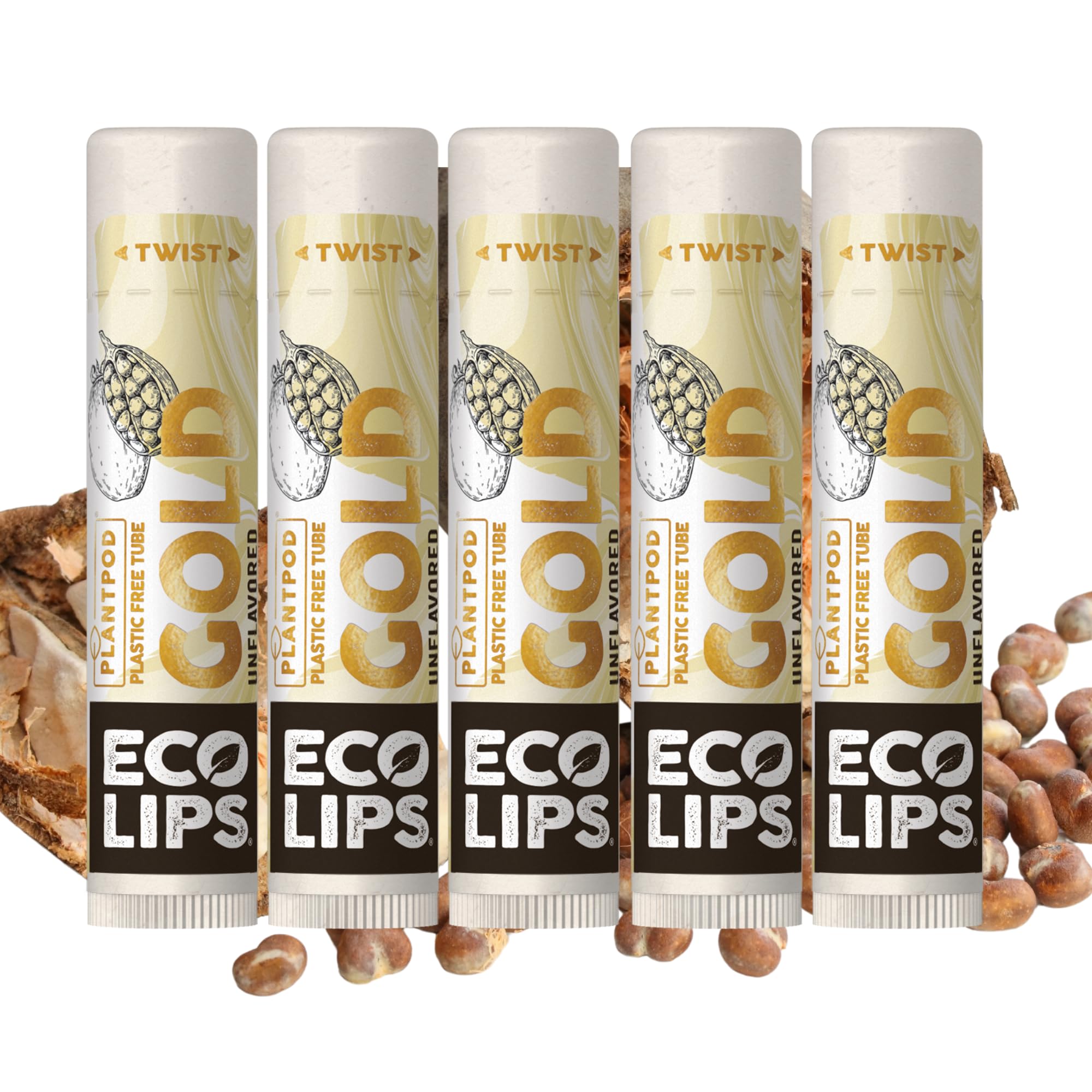 Eco Lips GOLD lip balm packaging highlights organic ingredients with plastic-free, eco-friendly design.