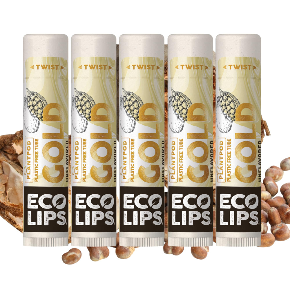 Eco Lips GOLD lip balm packaging highlights organic ingredients with plastic-free, eco-friendly design.