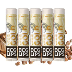Eco Lips GOLD lip balm packaging highlights organic ingredients with plastic-free, eco-friendly design.