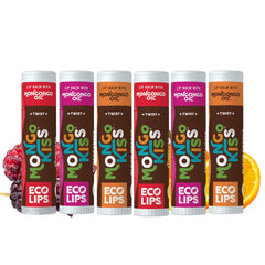 Eco Lips Mongo Kiss 6-pack packaging promotes sustainable lip care.