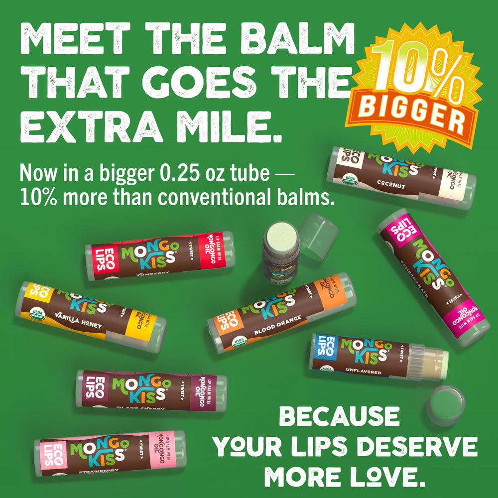 Person holds Eco Lips Mongo Kiss six-pack for on-the-go lip care.