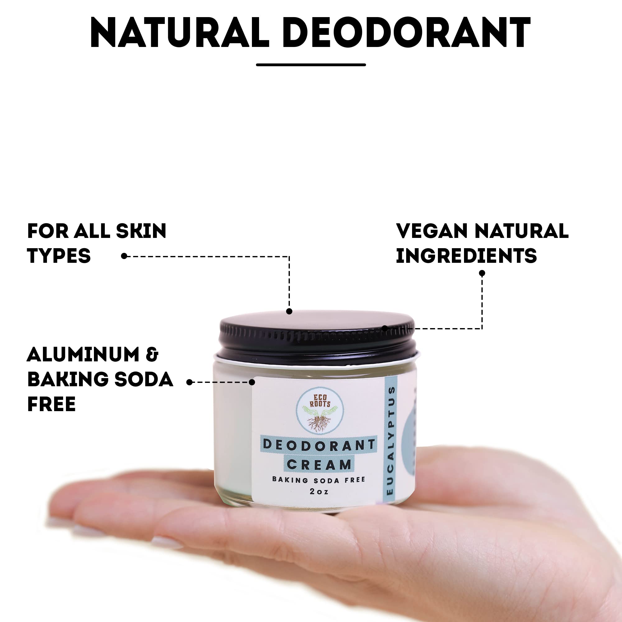 Vegan deodorant packaging from ECO ROOTS on a wooden background.
