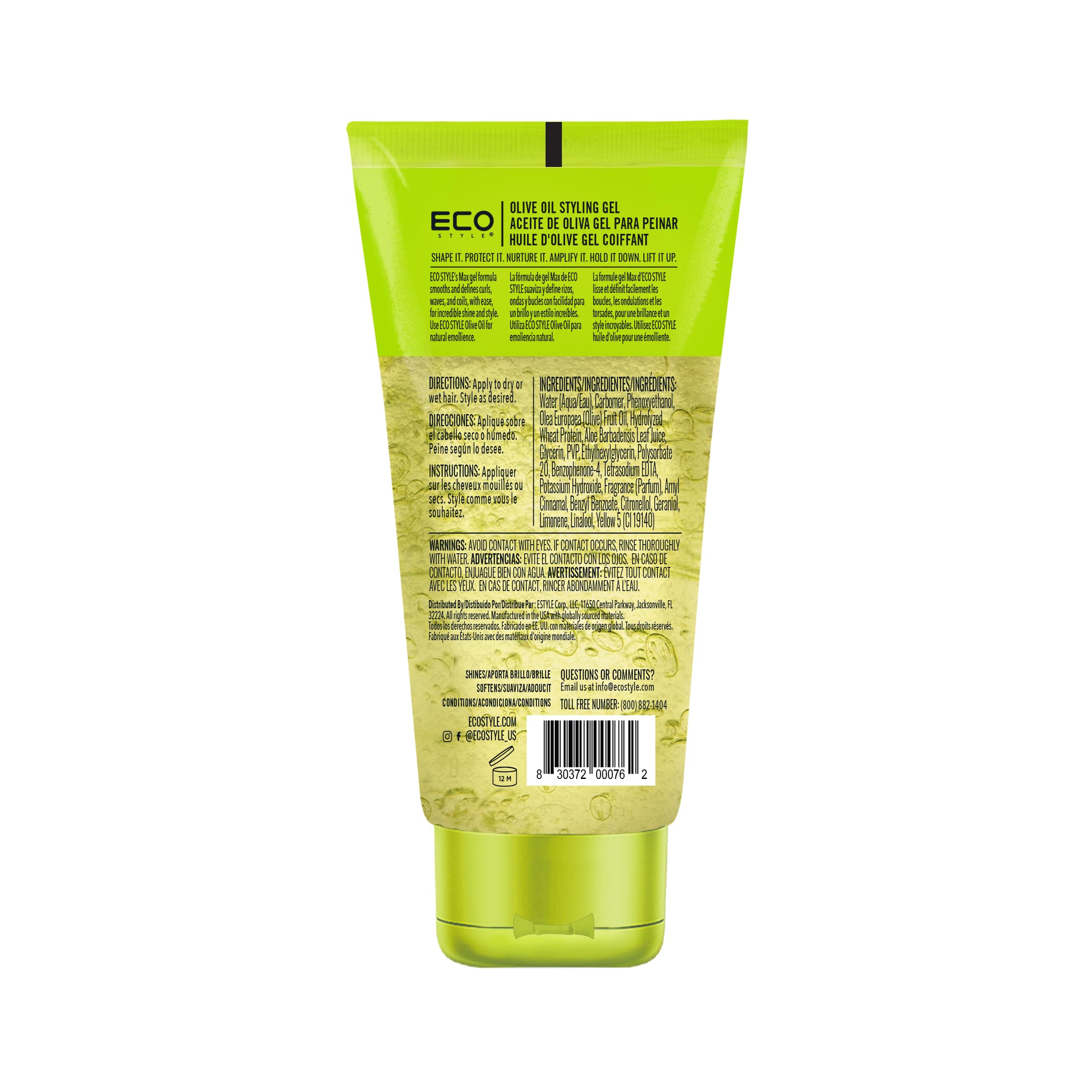 Eco Style Olive Oil Hair Gel close-up illustrating strong, flexible hold for all hair types.