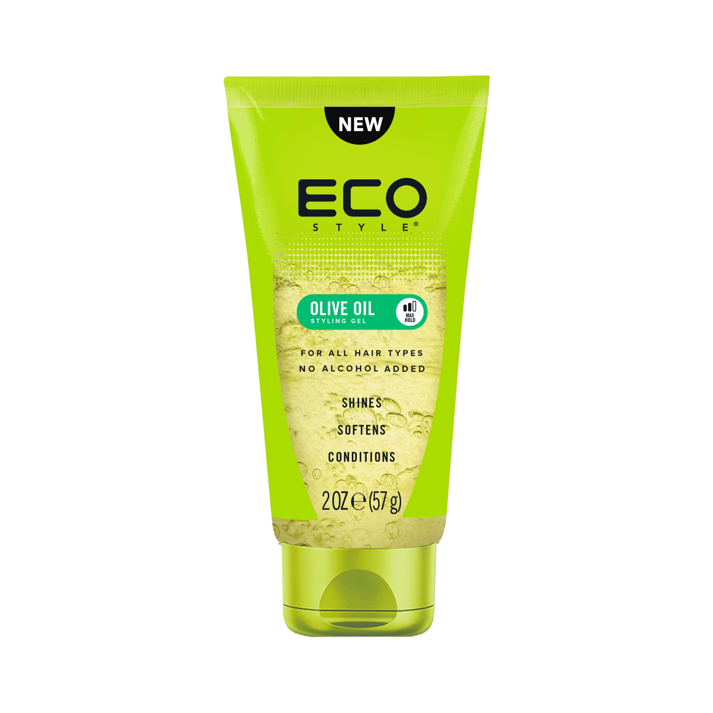 Eco Style Olive Oil Hair Gel travel bottle showing on-the-go moisture and shine.