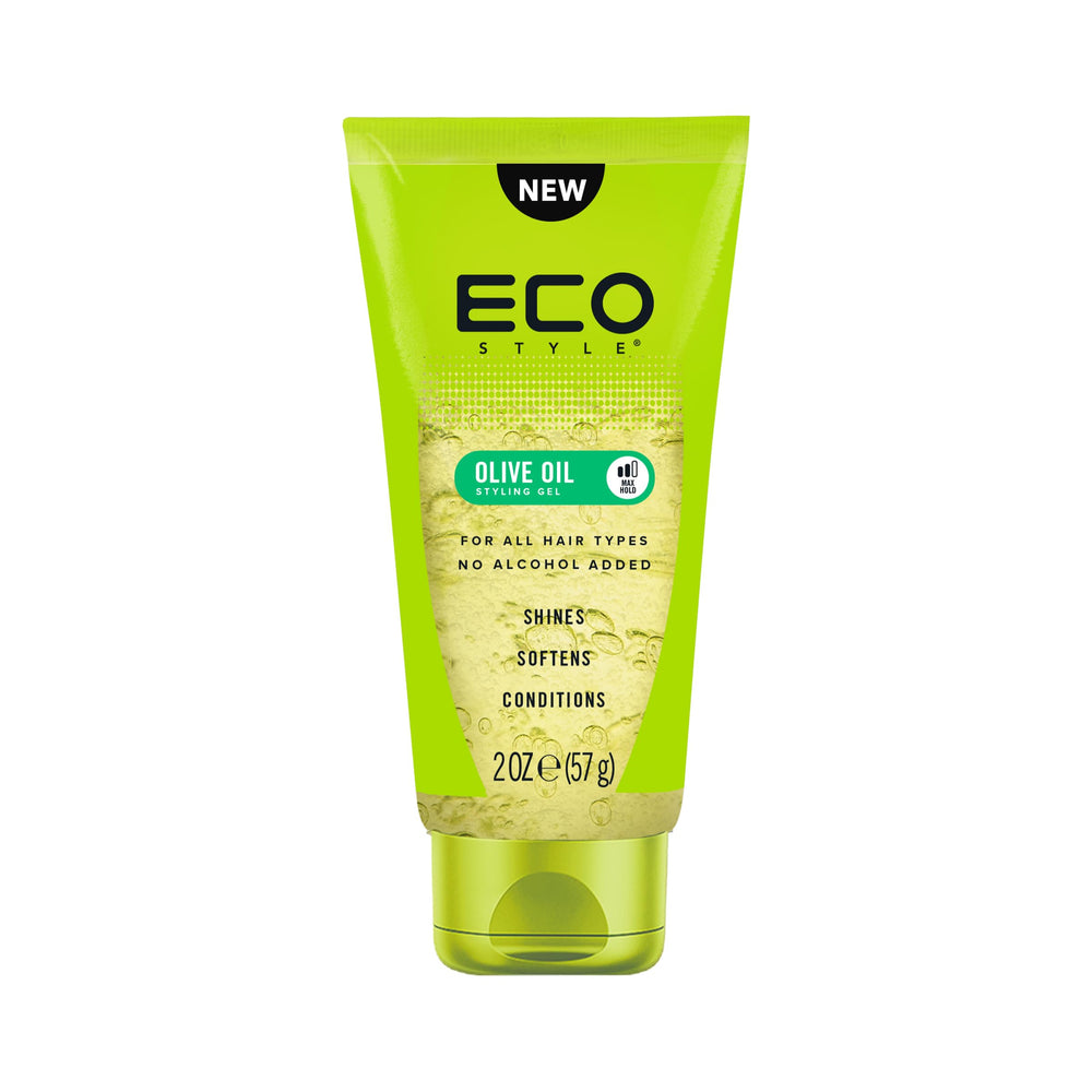 Eco Style Olive Oil Hair Gel travel bottle showing on-the-go moisture and shine.