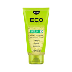 Eco Style Olive Oil Hair Gel travel bottle showing on-the-go moisture and shine.