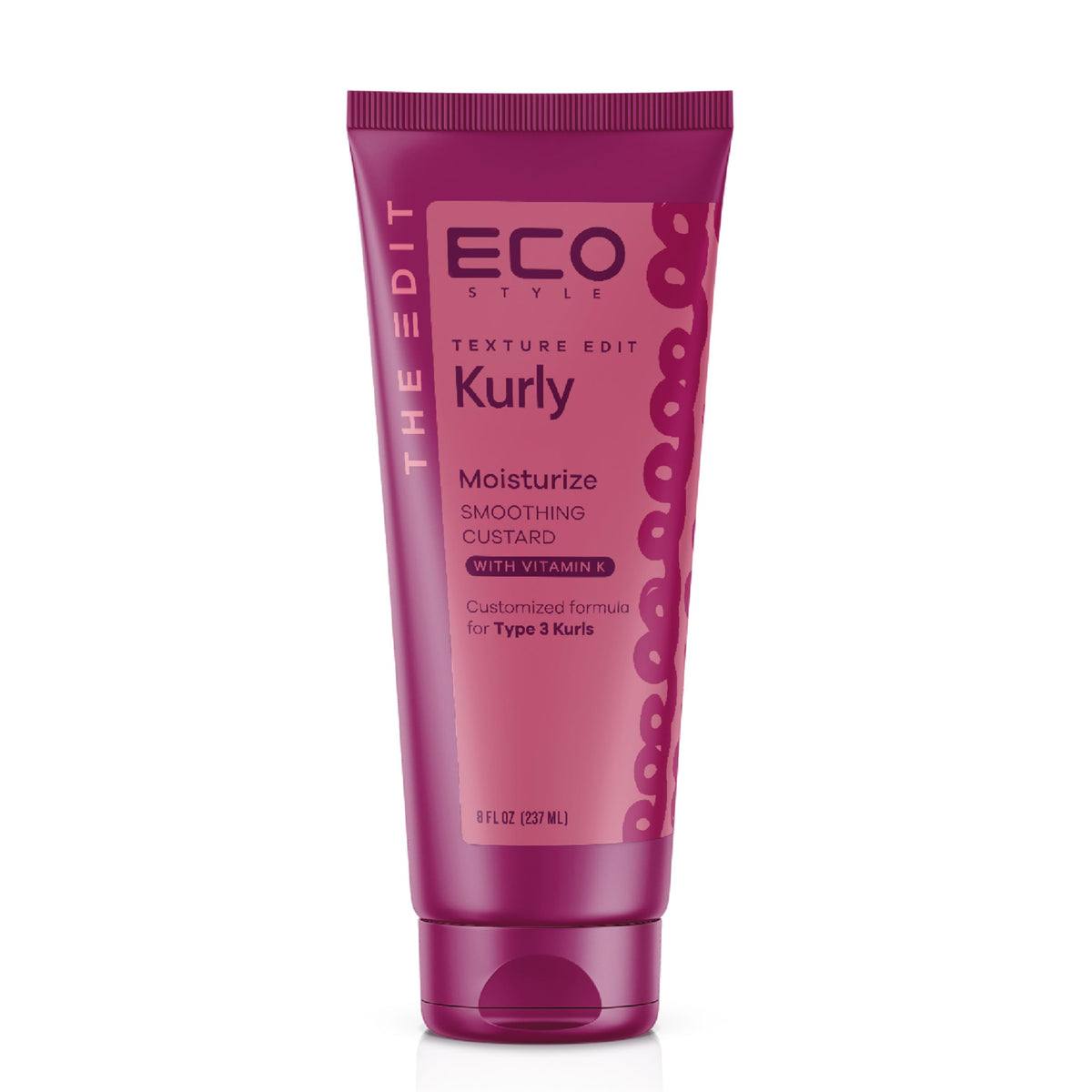 Eco Style Texture Edit Kurly Moisturize cream bottle shows smoothing potential for Type 3 curls.