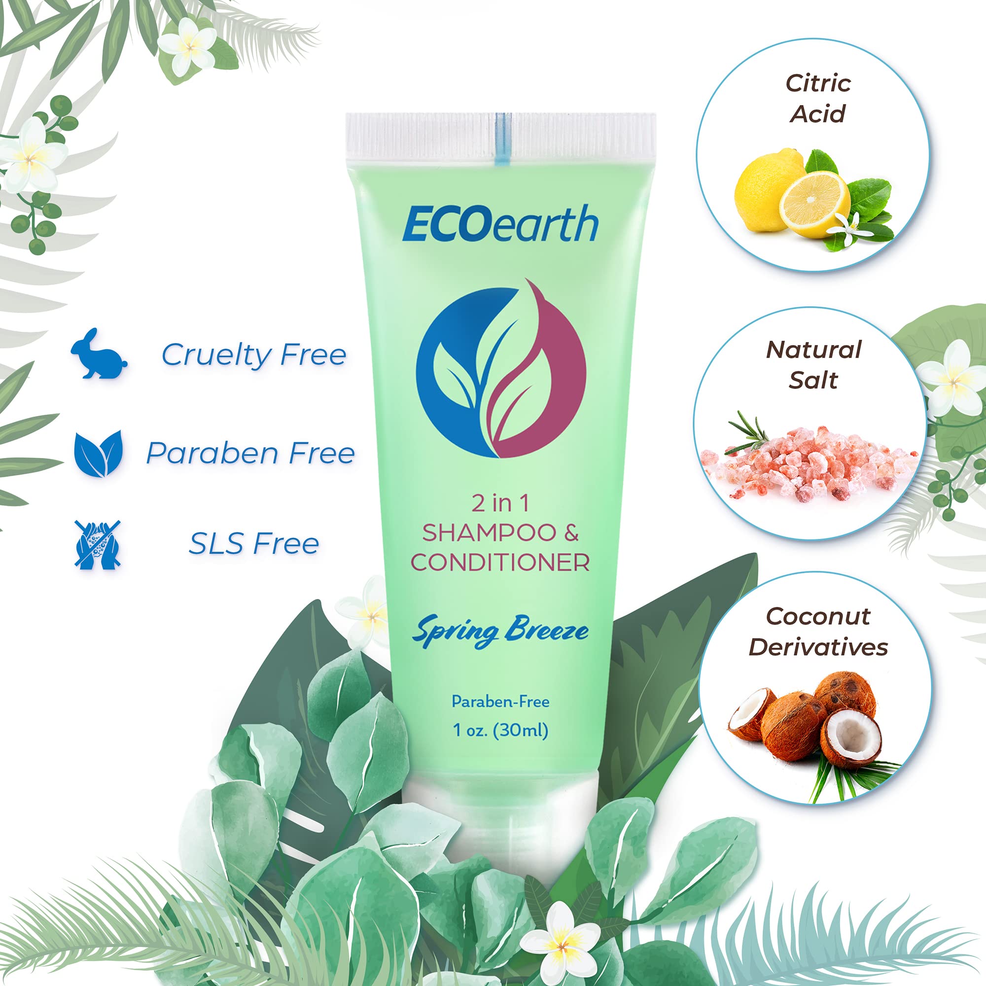 EcoEarth 1oz bottle on hotel bathroom shelf for quick refreshment.