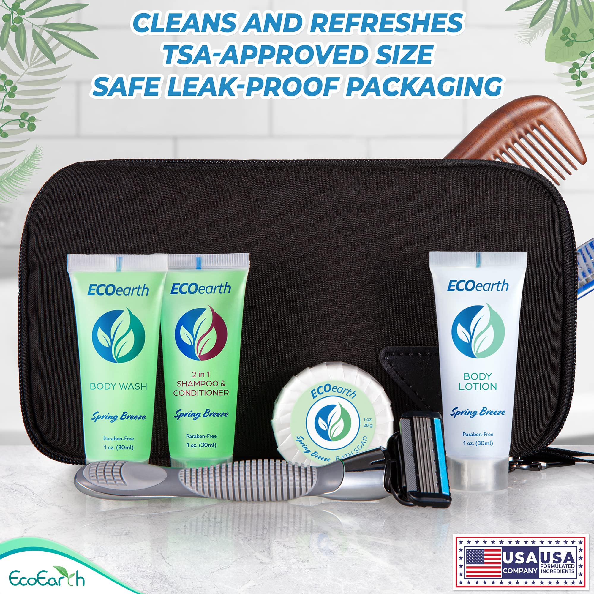 Hotel bathroom display featuring EcoEarth travel amenities for guests.