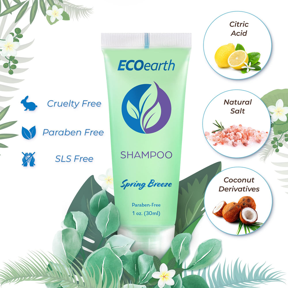 EcoEarth Spring Breeze shampoo bottle in a compact travel kit for guests.