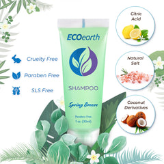 EcoEarth Spring Breeze shampoo bottle in a compact travel kit for guests.