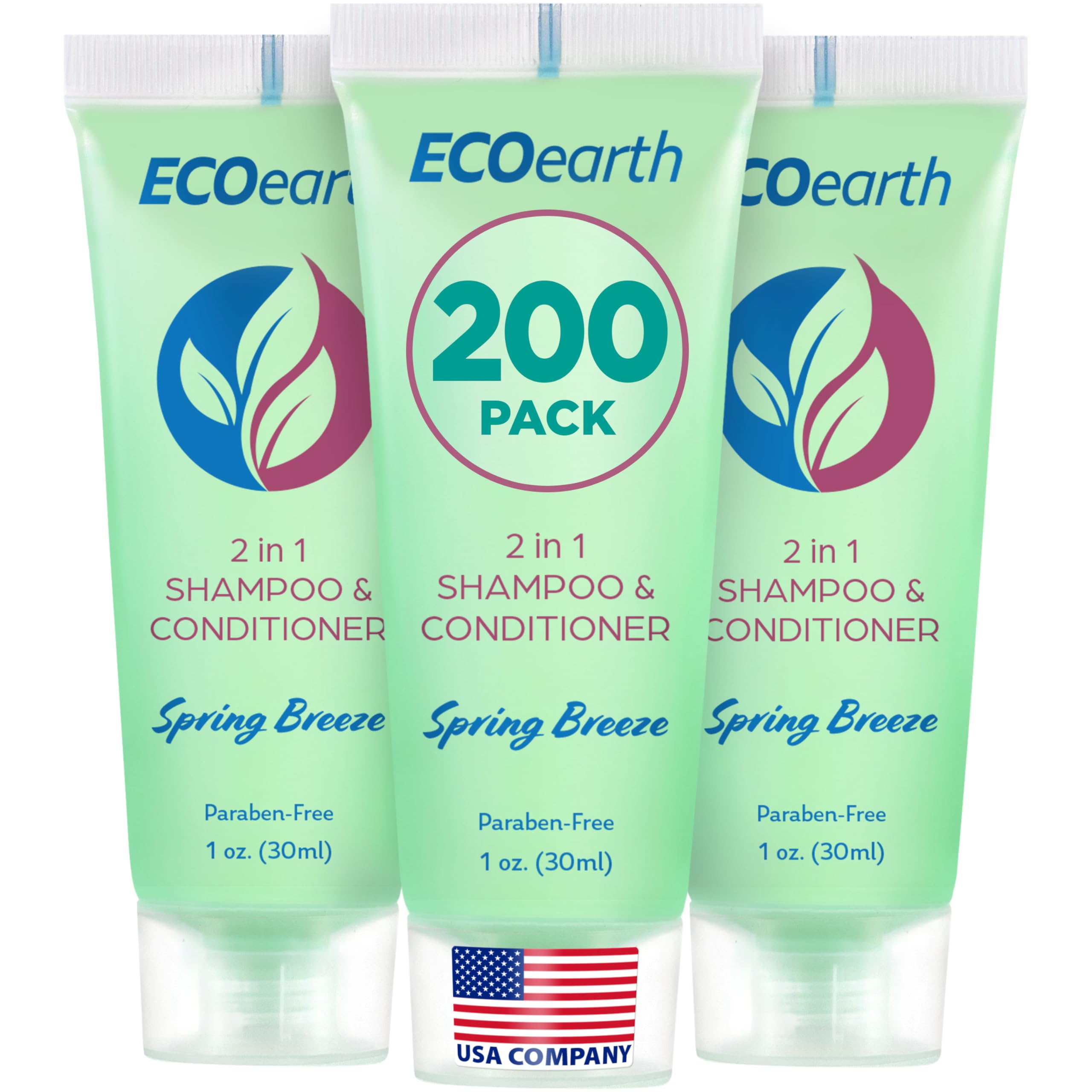 EcoEarth travel-size 2-in-1 bottle displayed in hotel bathroom for guests.