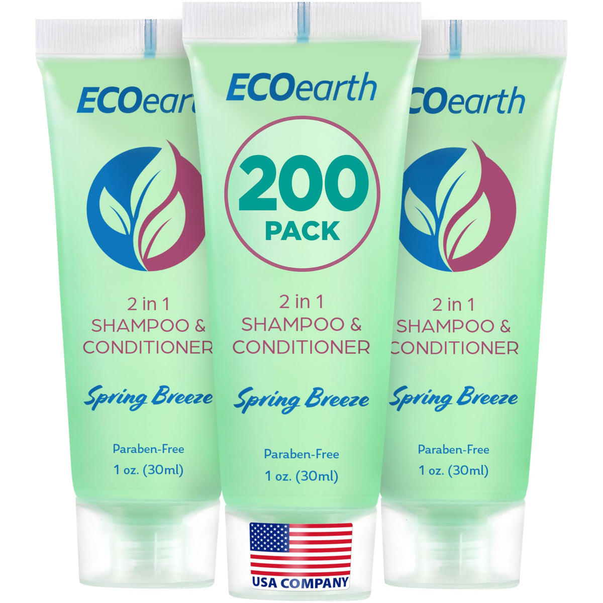 EcoEarth travel-size 2-in-1 bottle displayed in hotel bathroom for guests.