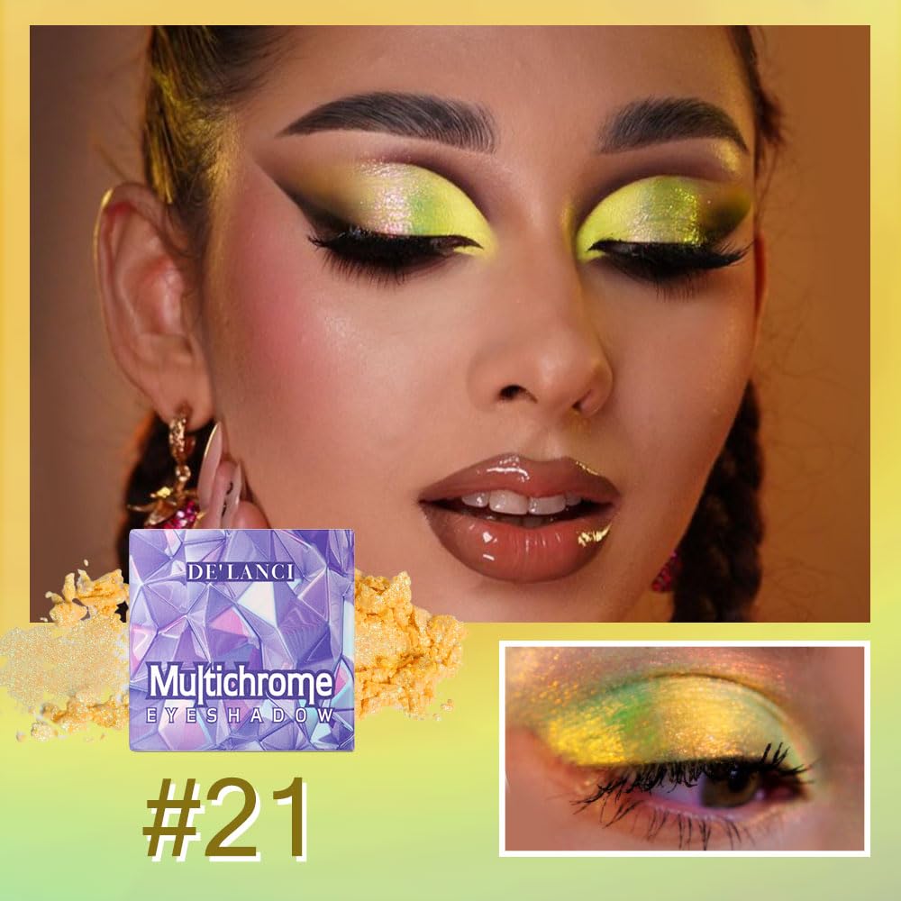 ecofavor Multichrome Eyeshadow shows color shift from yellow to purple for bold looks.