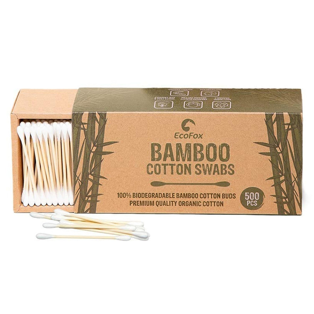 EcoFox bamboo cotton swabs packaging showing eco-friendly materials and design.