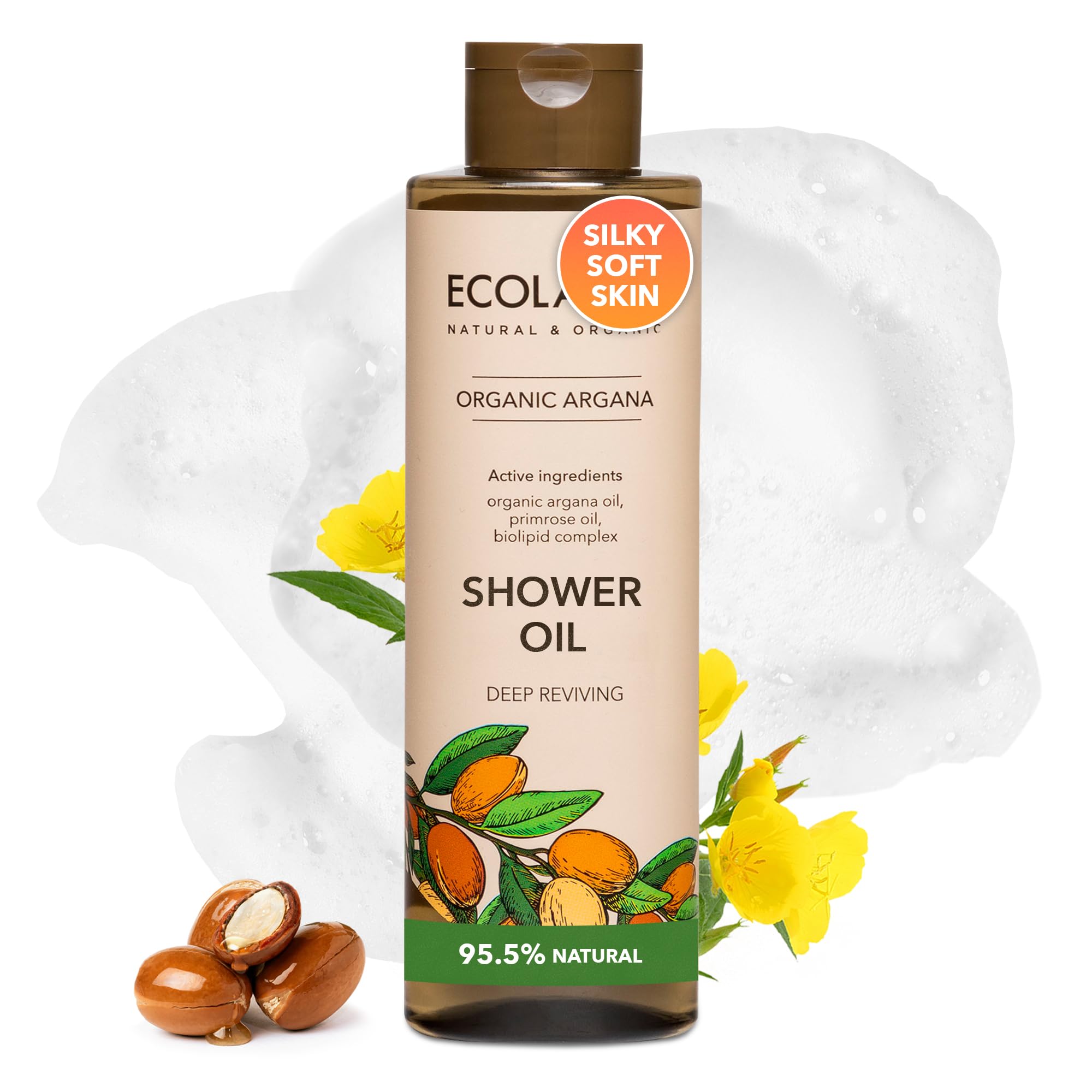 ECOLATIER Shower Oil bottle highlights argan and primrose for deep hydration.