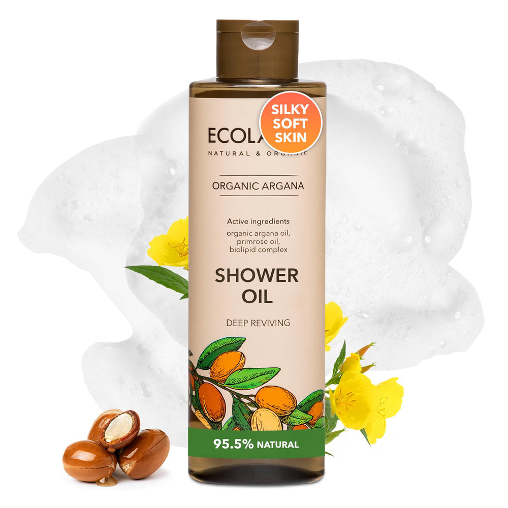ECOLATIER Shower Oil bottle highlights argan and primrose for deep hydration.