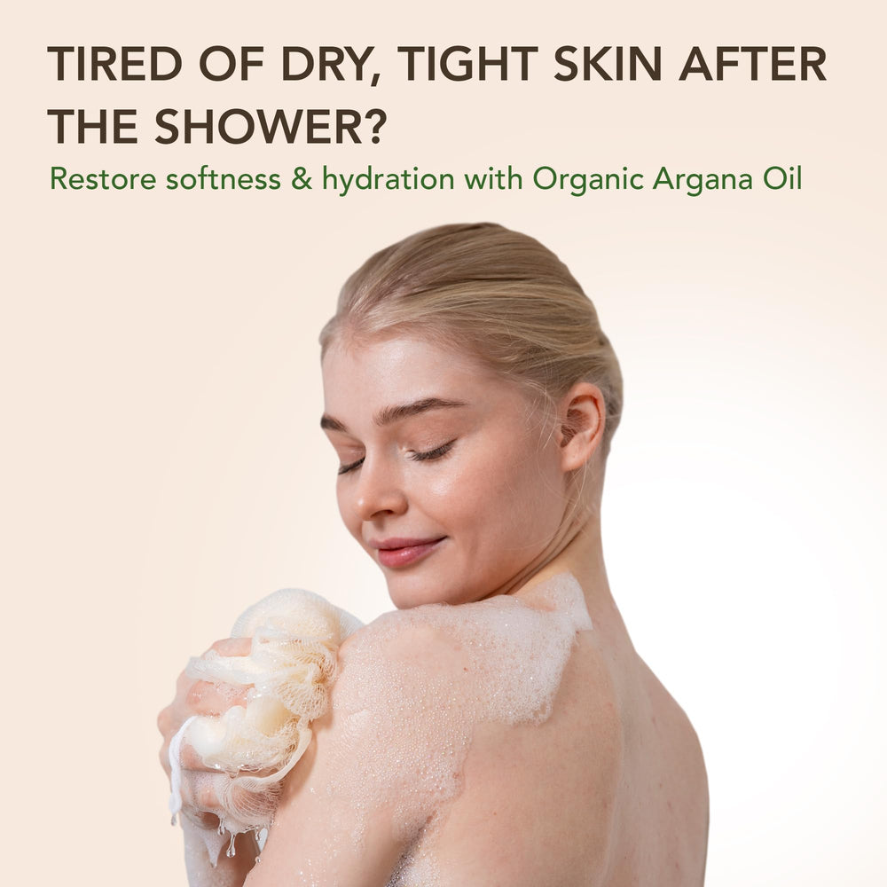 ECOLATIER Shower Oil bottle pour captures rich, quick-absorbing lather for gentle cleansing.