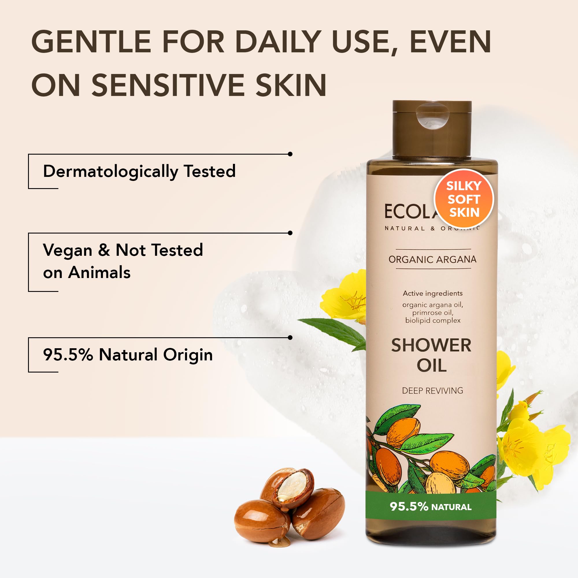 ECOLATIER Shower Oil foam close-up demonstrates silky finish after water contact.