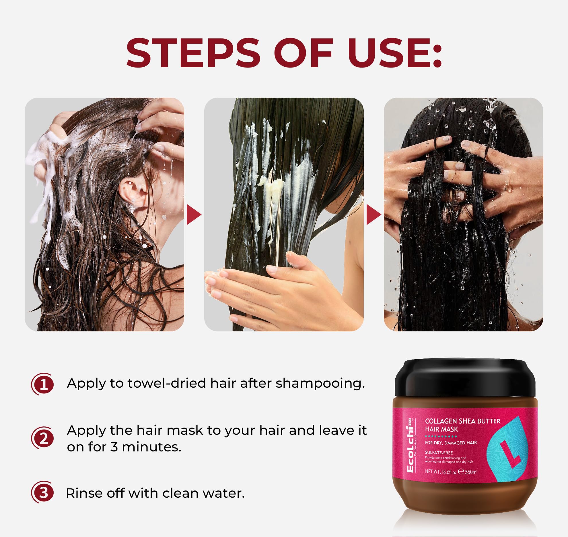 ECOLCHIPRO shea butter and collagen ingredients panel for natural conditioning.