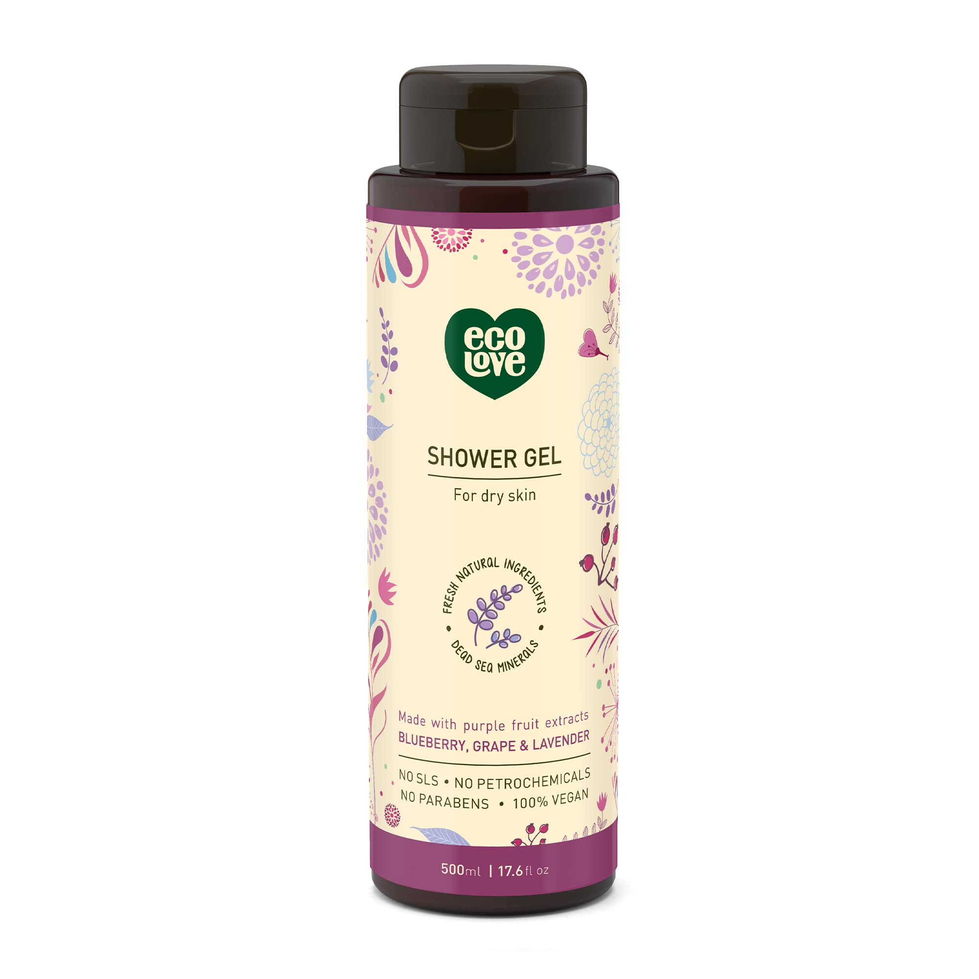 ecoLove bottle featuring blueberry grape and lavender blend for hydrating cleansing.