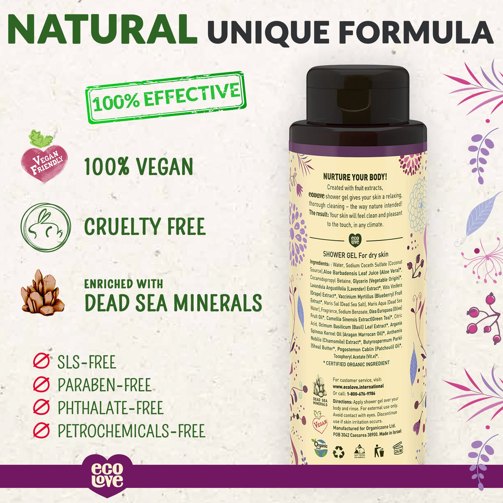 ecoLove label highlights organic ingredients and vegan formula for gentle wash.