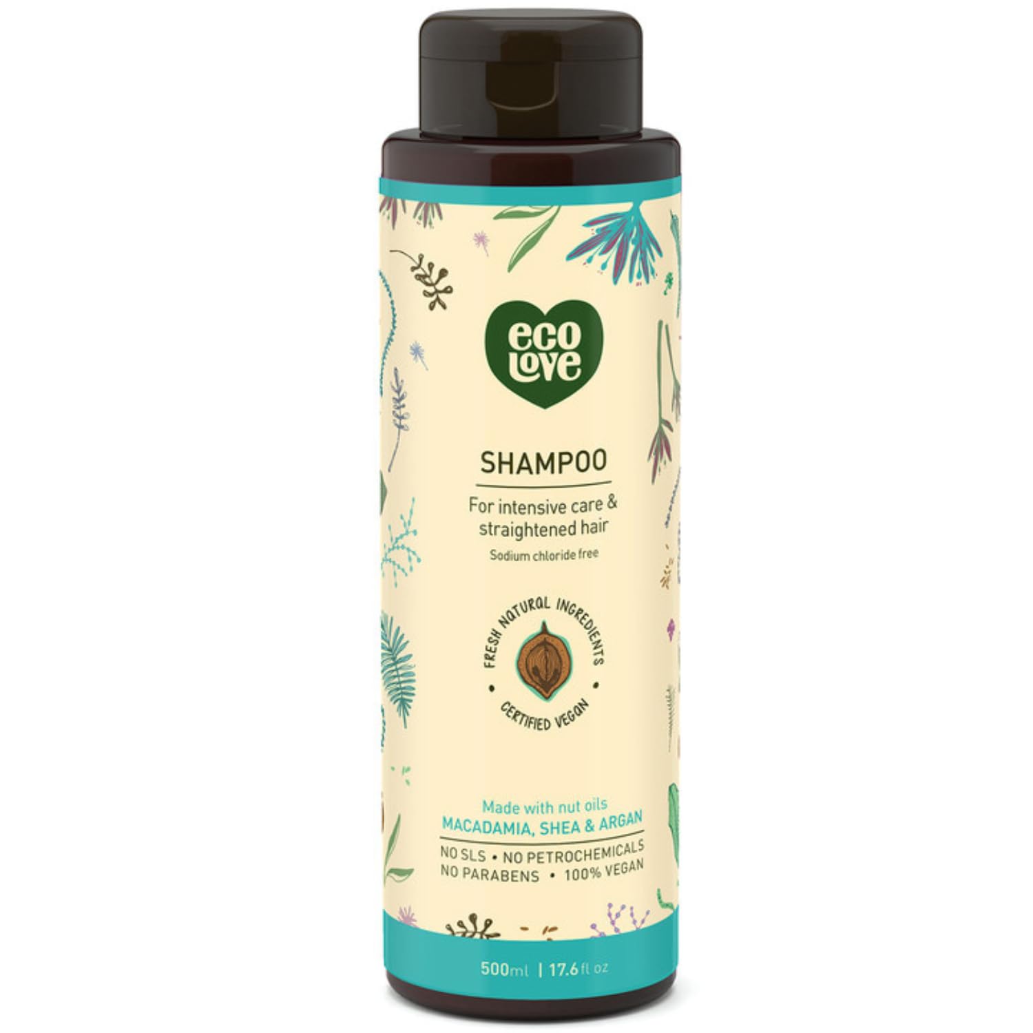 ecoLove natural shampoo bottle highlights sulfate-free formula for all hair types