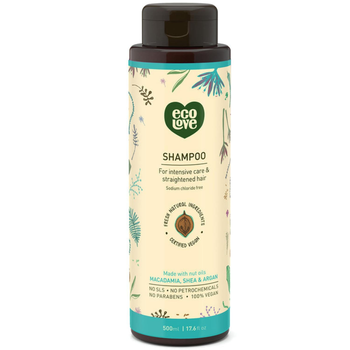 ecoLove natural shampoo bottle highlights sulfate-free formula for all hair types