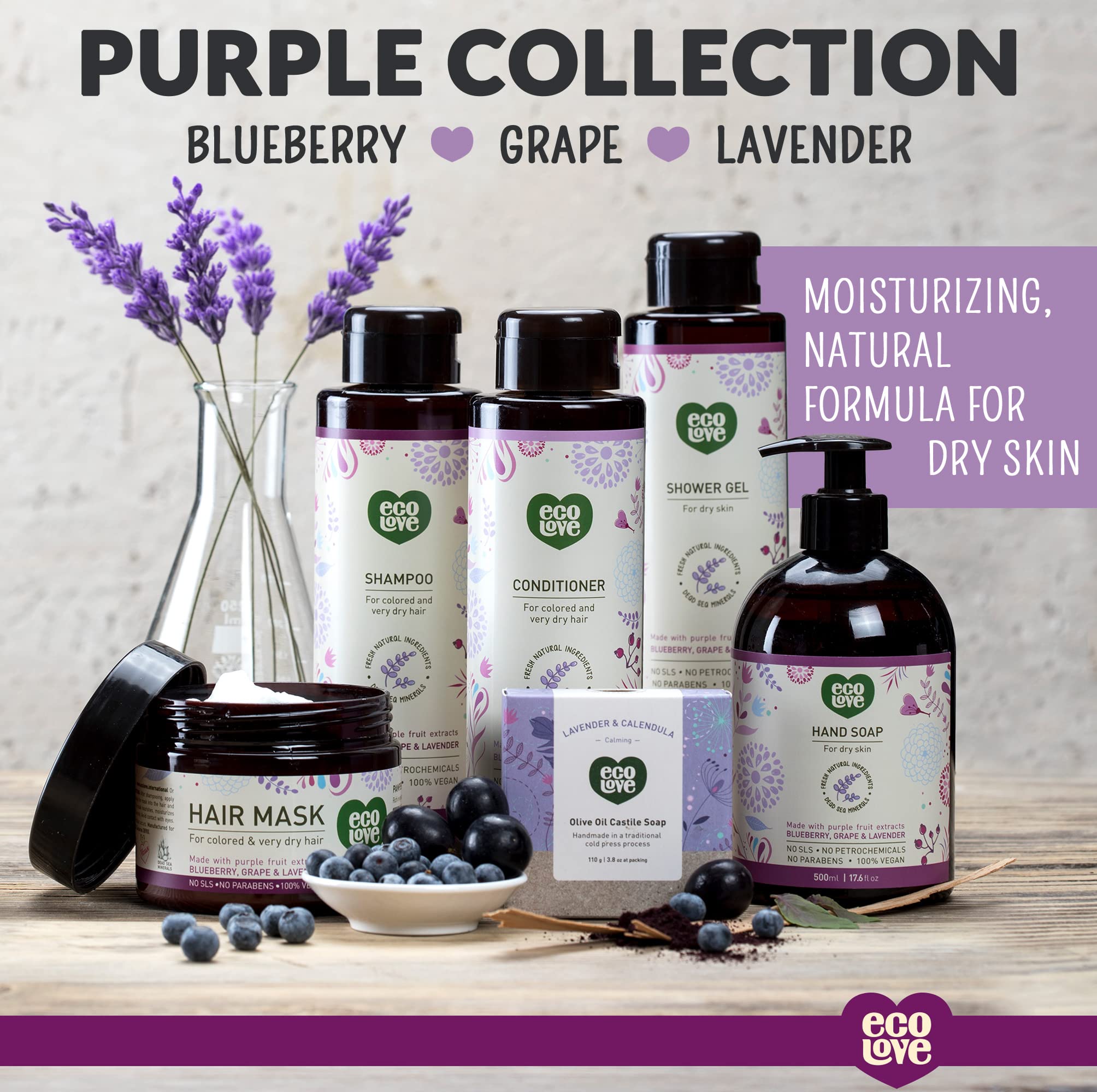 ecoLove artwork with berries indicates organic scent profile and fresh aroma.