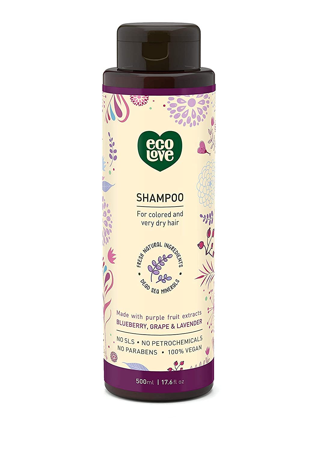 ecoLove Purple Collection shampoo bottle front showing color-safe natural formula.