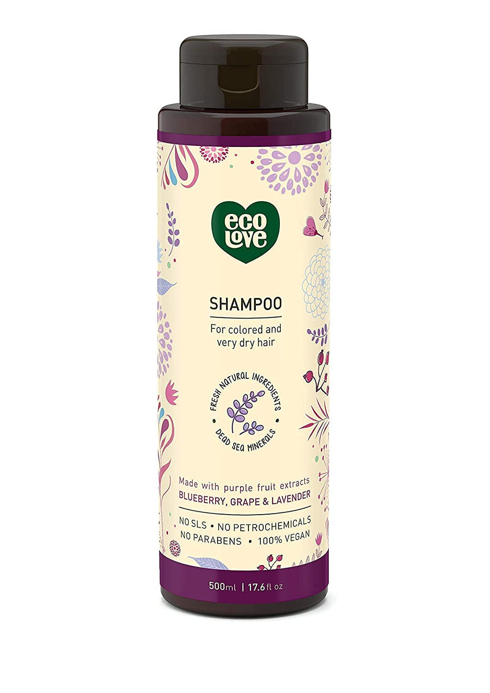 ecoLove Purple Collection shampoo bottle front showing color-safe natural formula.