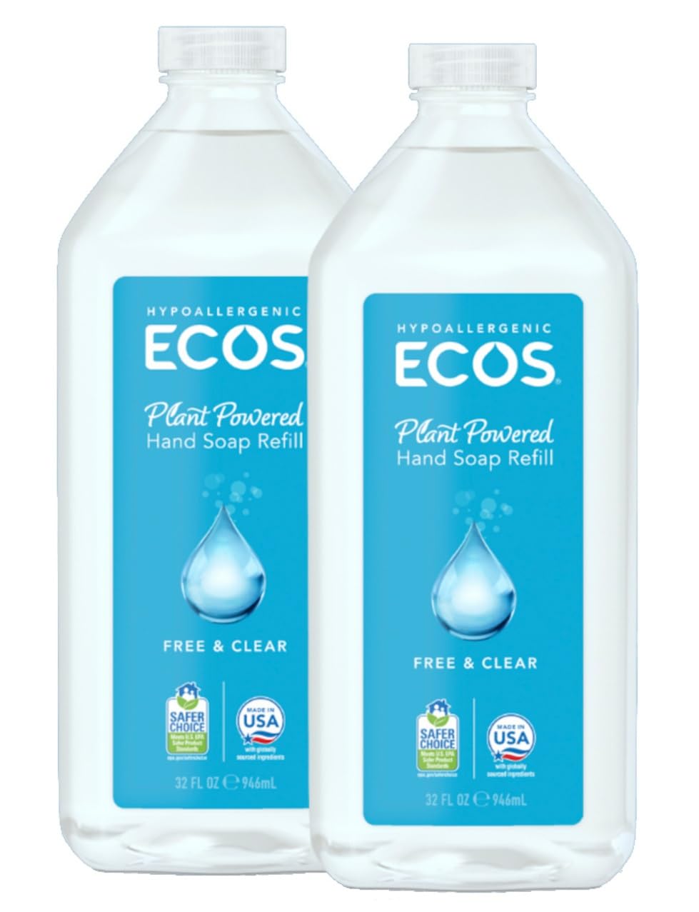 ECOS Free & Clear refill hand soap bottle pouring, showcasing plant-powered cleanliness.