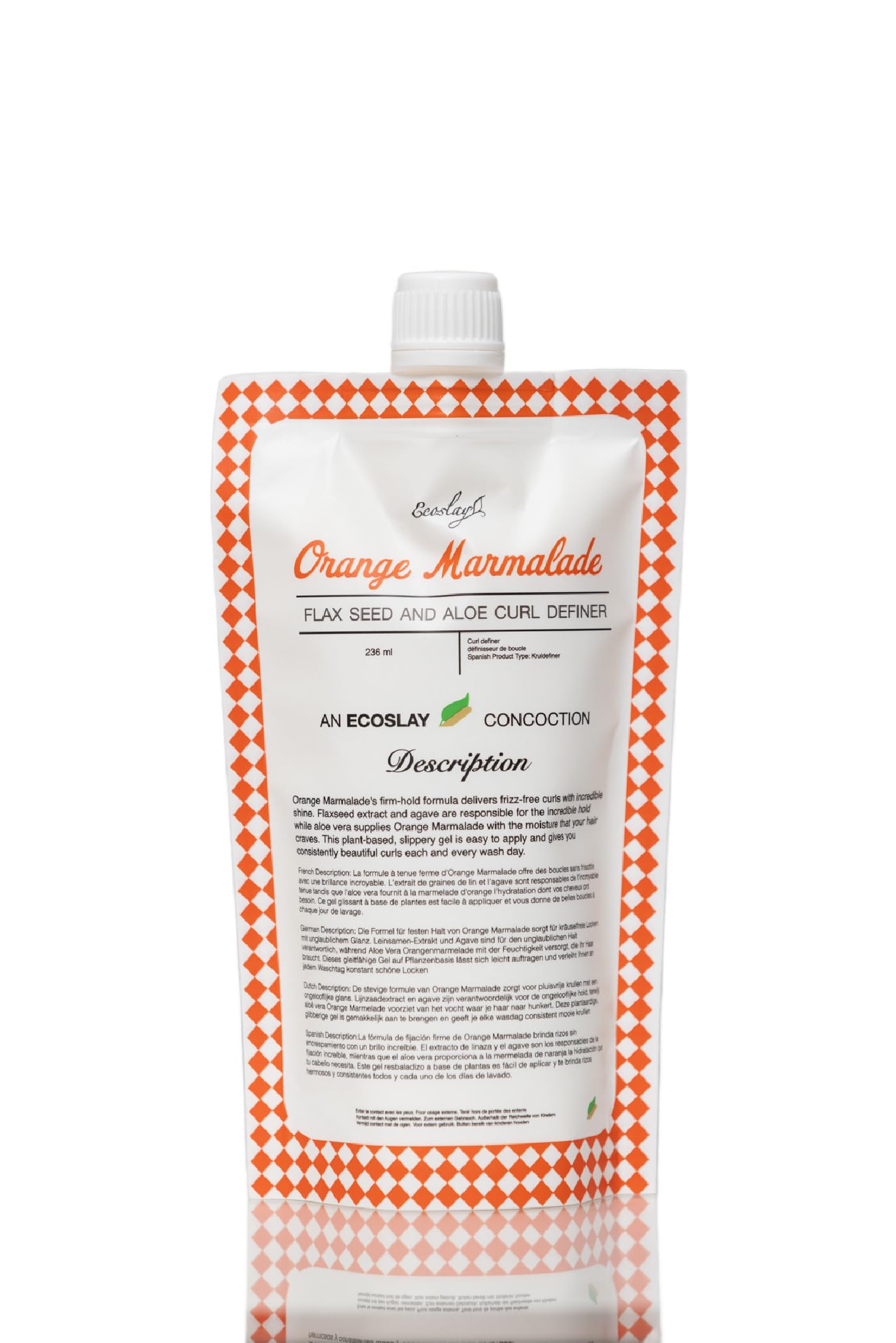 Ecoslay Orange Marmalade bottle pour shows easy application for lasting hold and defined curls.