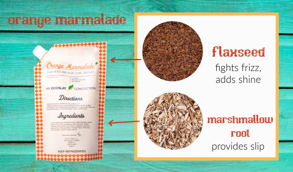 Ecoslay Orange Marmalade frizz control close-up emphasizes reduced frizz and glossy finish.