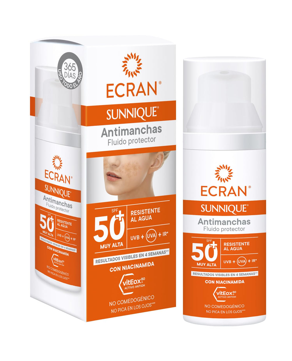 Ecran Sunnique anti-blemish SPF50+ bottle with pump for daily protection.