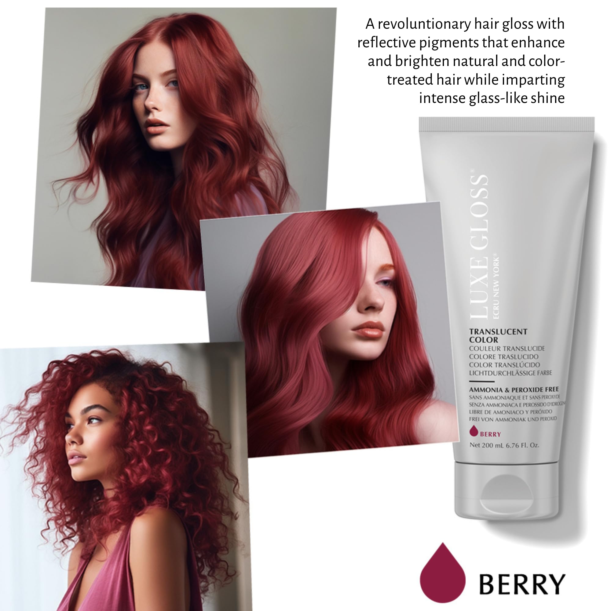 ECRU New York Luxe Gloss Berry application on hair shows instant glass-like gloss