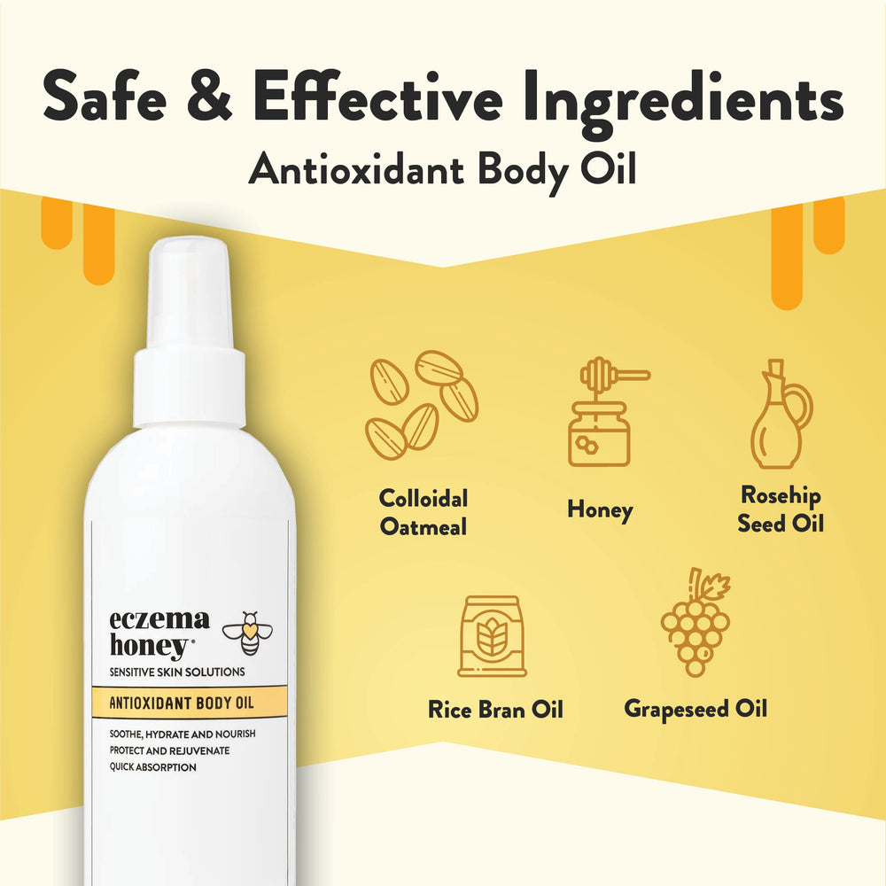 ECZEMA HONEY Antioxidant Body Oil pour showing easy application.